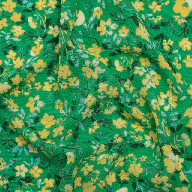 Puckered Polyester Crepe - Kelly Green and Yellow Floral - Designer Deadstock
