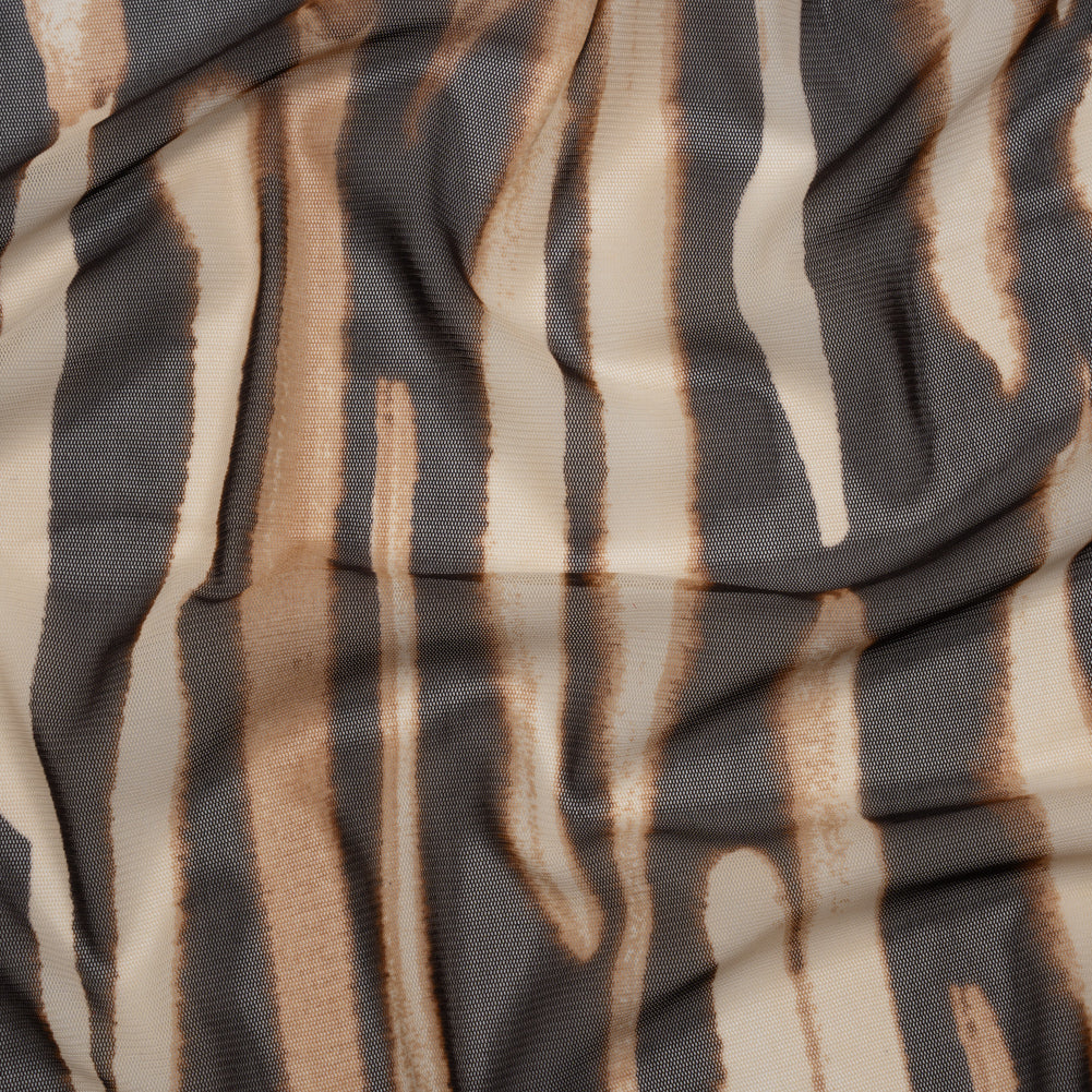Polyester Stretch Mesh Print - Brown and Beige Painter Animal Stripes - Designer Deadstock