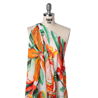 Lightweight Polyester Crepe Print - Bright Orange, Yellow and Green Brilliant Flowers and Orchids - Designer Deadstock