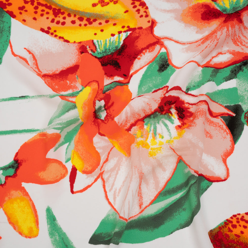 Lightweight Polyester Crepe Print - Bright Orange, Yellow and Green Brilliant Flowers and Orchids - Designer Deadstock - Drape