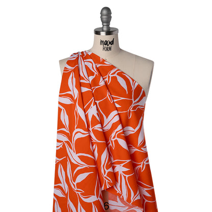 Cotton Poplin Print - Red Orange and White Leaves - Designer Deadstock Folded