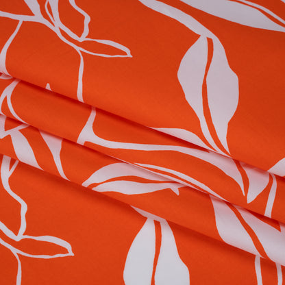Cotton Poplin Print - Red Orange and White Leaves - Designer Deadstock Detail