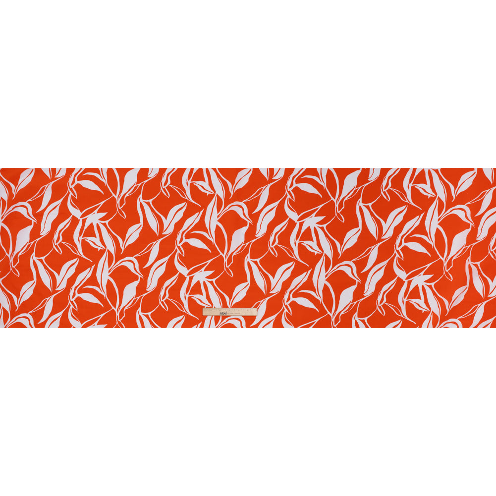 Cotton Poplin Print - Red Orange and White Leaves - Designer Deadstock
