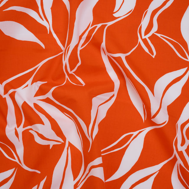 Cotton Poplin Print - Red Orange and White Leaves - Designer Deadstock Drape
