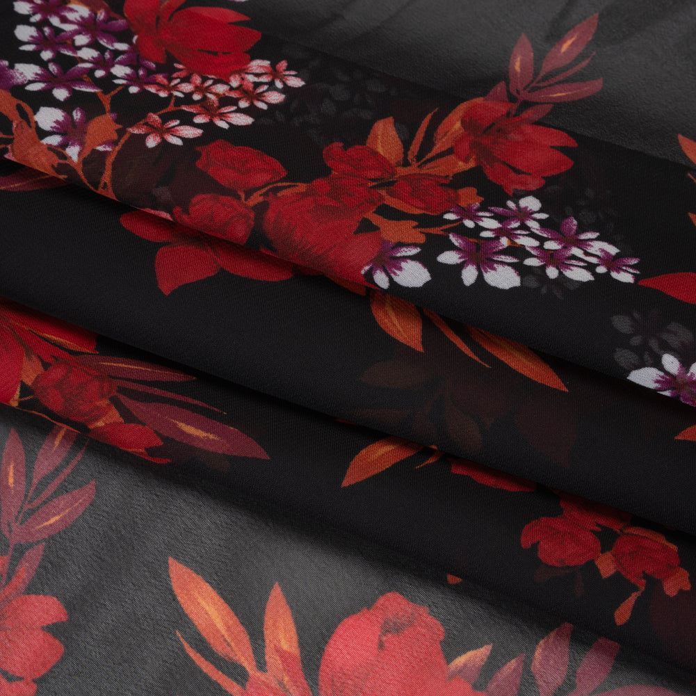 Polyester Chiffon Print - Red, Plum and Black Floral Bunches - Designer Deadstock