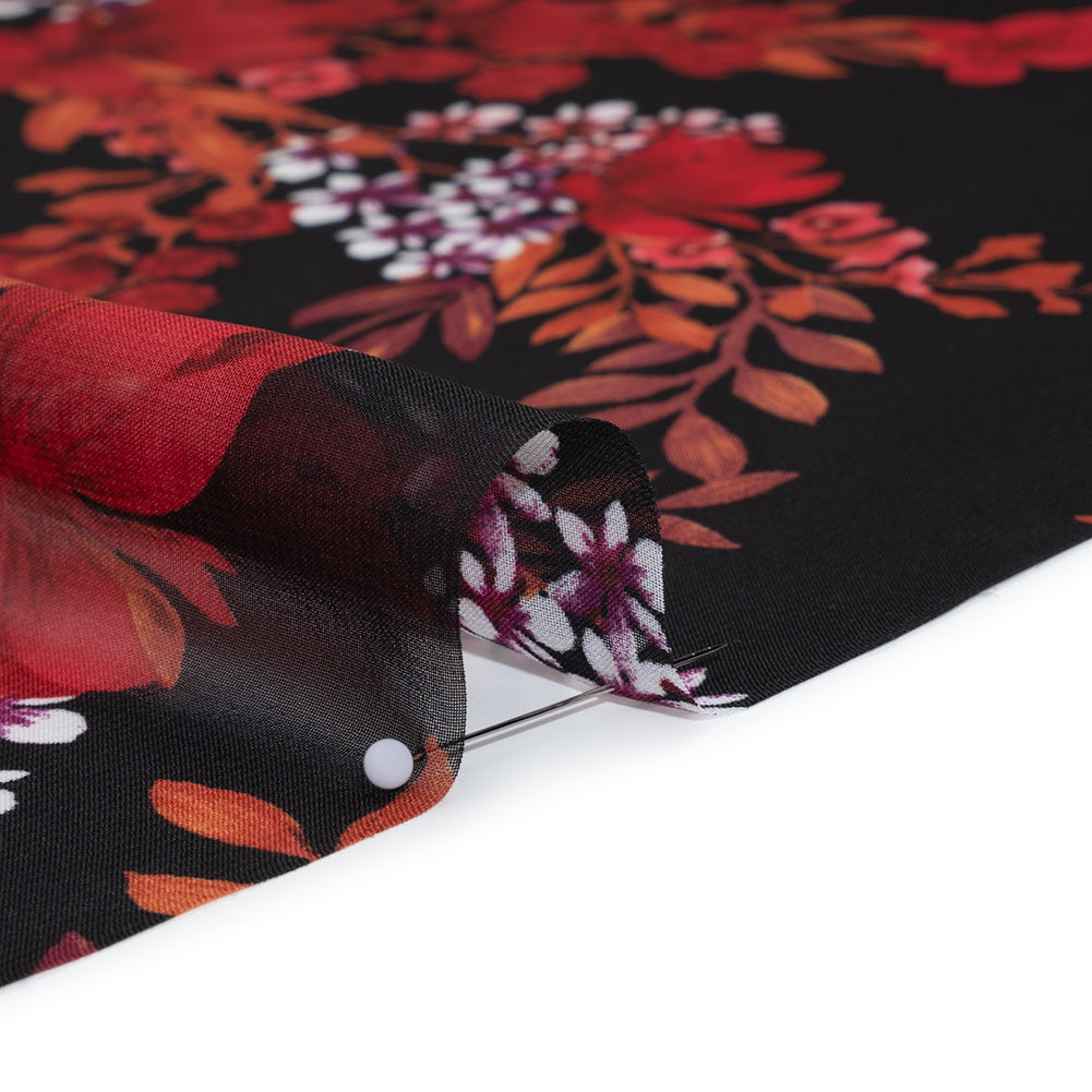 Polyester Chiffon Print - Red, Plum and Black Floral Bunches - Designer Deadstock