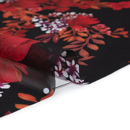 Polyester Chiffon Print - Red, Plum and Black Floral Bunches - Designer Deadstock