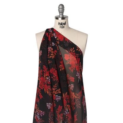 Polyester Chiffon Print - Red, Plum and Black Floral Bunches - Designer Deadstock
