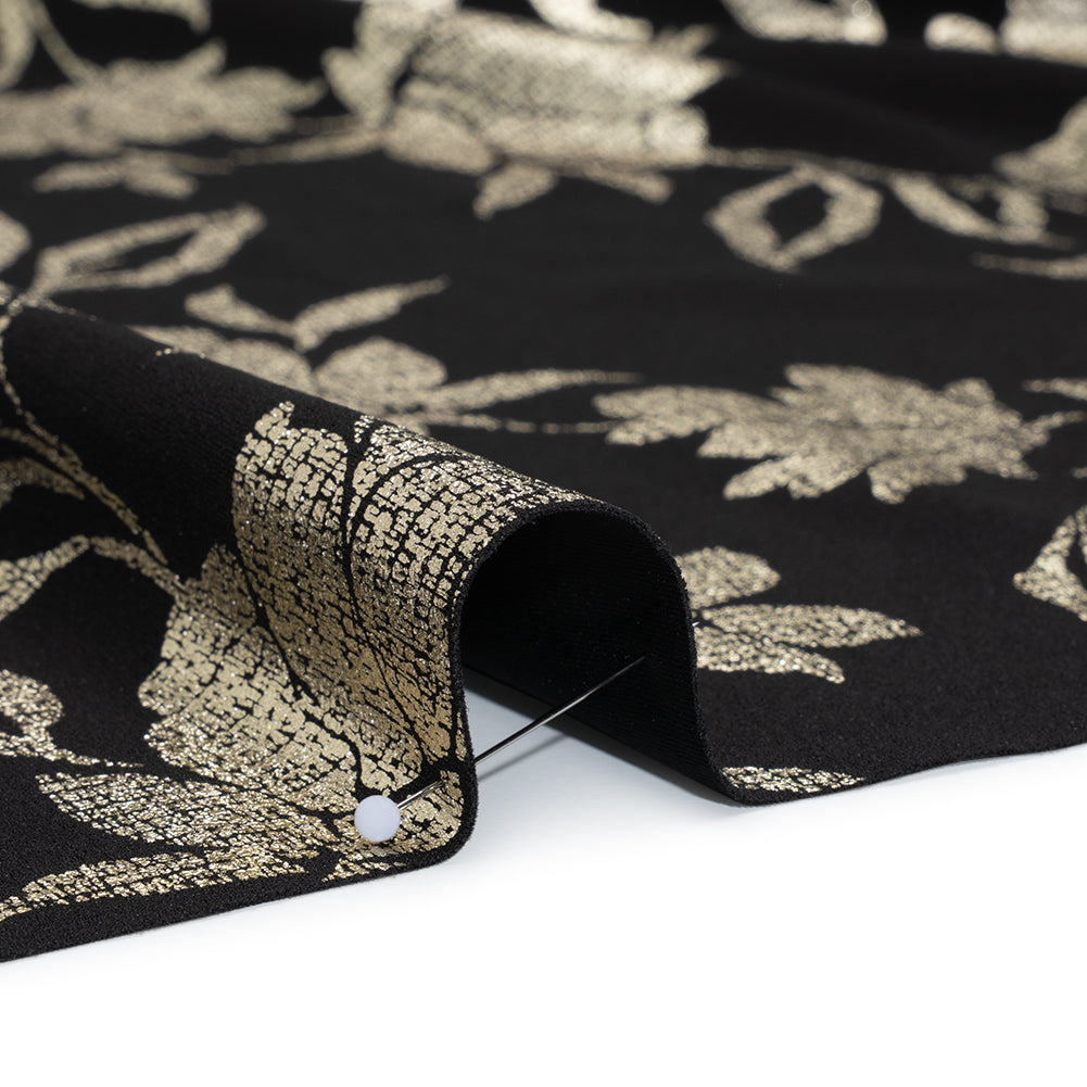 Stretch Polyester Crepe Scuba Knit with Foiled Print - Gold and Black Floral - Designer Deadstock