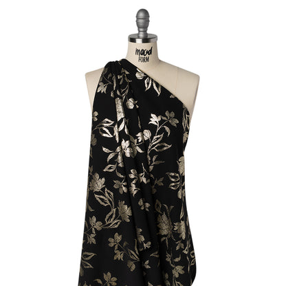 Stretch Polyester Crepe Scuba Knit with Foiled Print - Gold and Black Floral - Designer Deadstock