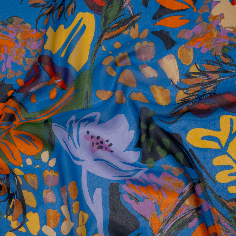 Polyester Chiffon Print - Bright Blue, Orange and Yellow Floral - Designer Deadstock