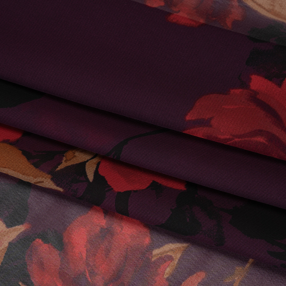 Polyester Chiffon Print - Plum, Red and Tan Floral - Designer Deadstock Folded