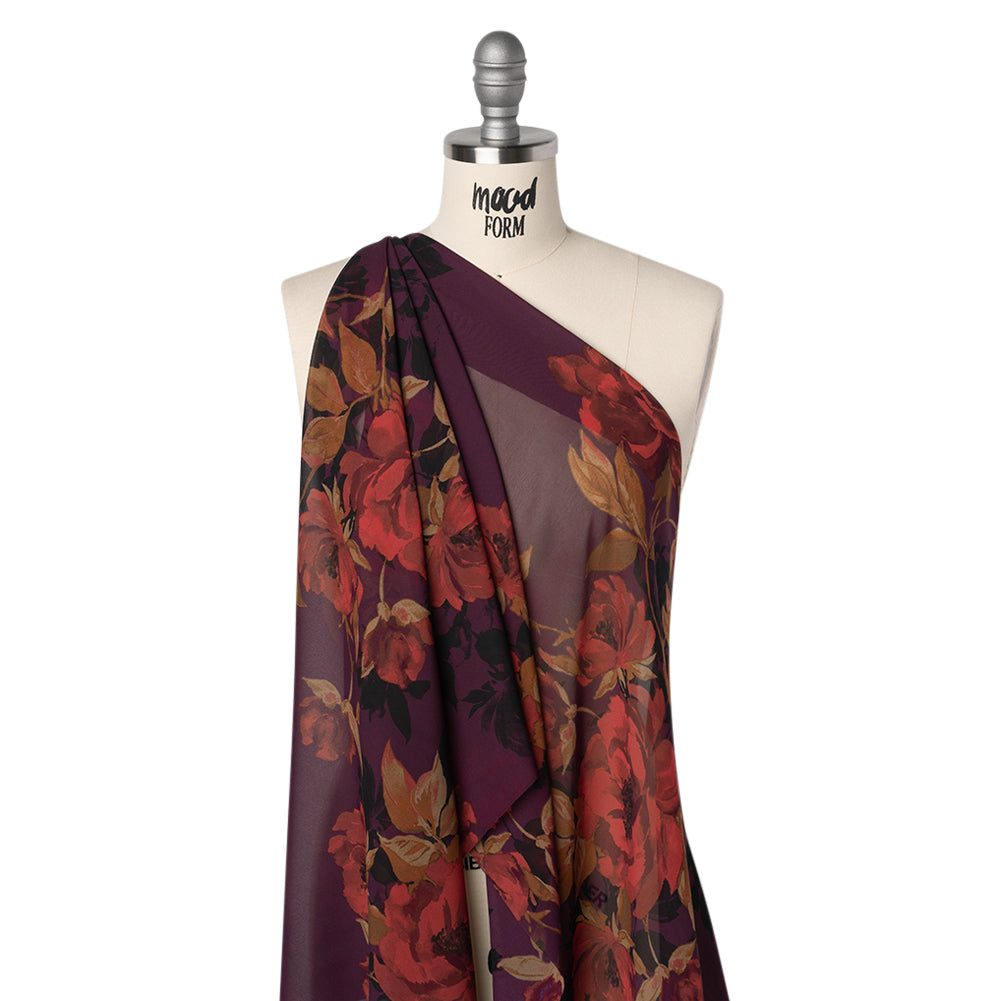 Polyester Chiffon Print - Plum, Red and Tan Floral - Designer Deadstock Drape