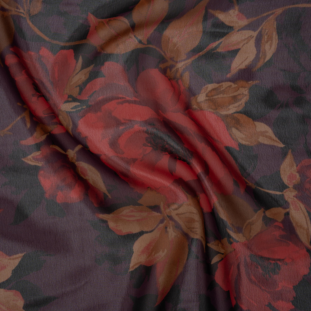 Polyester Chiffon Print - Plum, Red and Tan Floral - Designer Deadstock