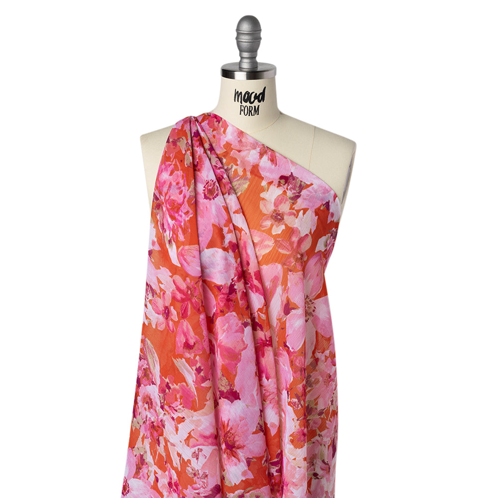 Crinkled Polyester Chiffon Print - Pink, Coral and Fuchsia Watercolor Flowers - Designer Deadstock