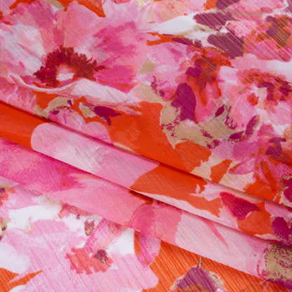 Crinkled Polyester Chiffon Print - Pink, Coral and Fuchsia Watercolor Flowers - Designer Deadstock