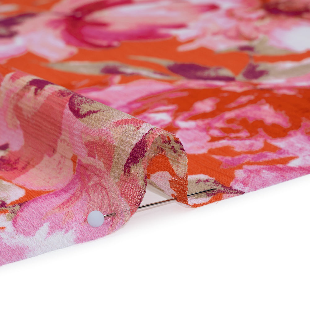 Crinkled Polyester Chiffon Print - Pink, Coral and Fuchsia Watercolor Flowers - Designer Deadstock