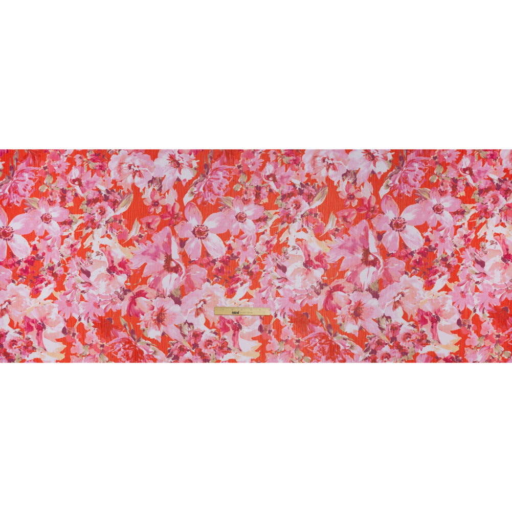 Crinkled Polyester Chiffon Print - Pink, Coral and Fuchsia Watercolor Flowers - Designer Deadstock