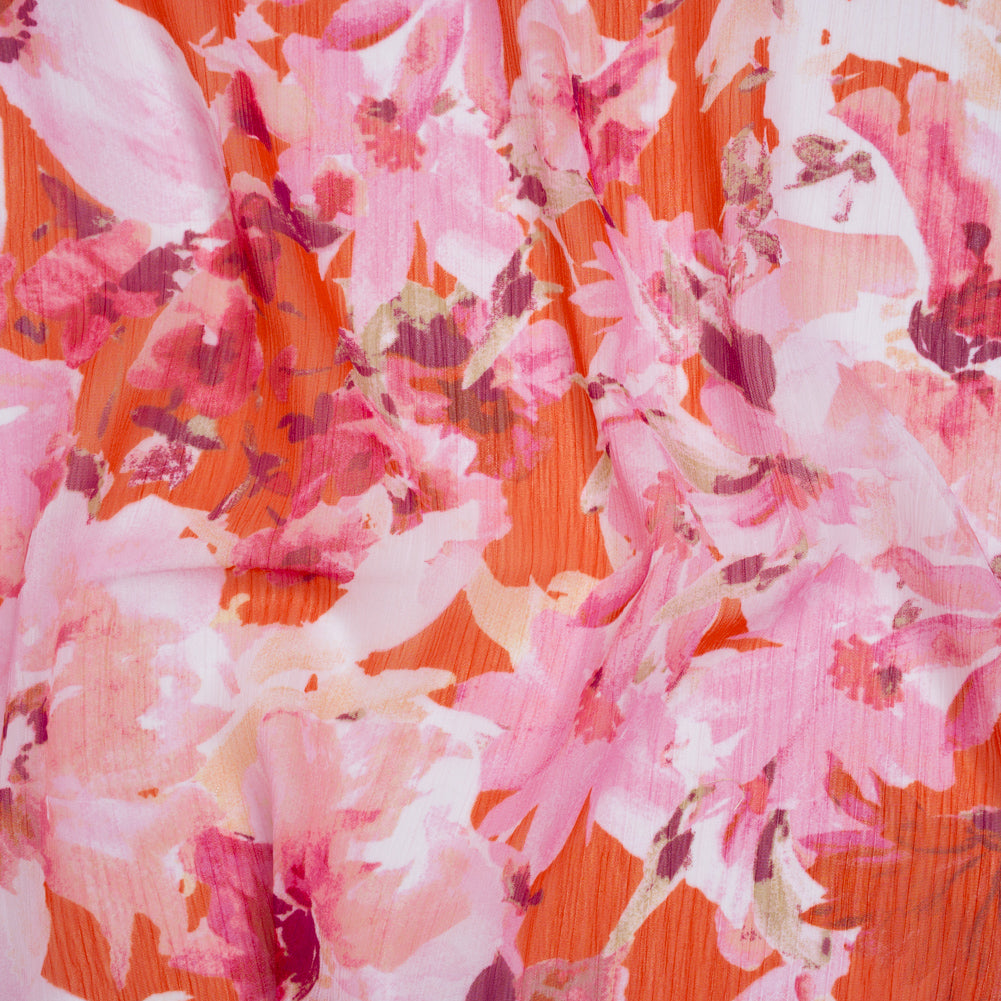 Crinkled Polyester Chiffon Print - Pink, Coral and Fuchsia Watercolor Flowers - Designer Deadstock