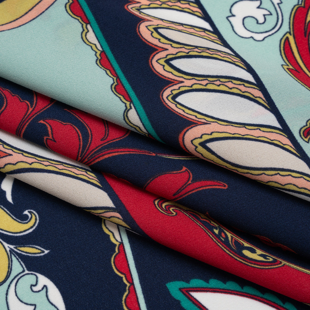 Lightweight Polyester Crepe Print - Peach, Red and Navy Ornate Floral - Designer Deadstock