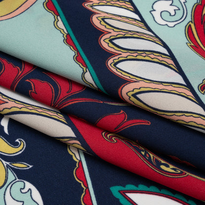 Lightweight Polyester Crepe Print - Peach, Red and Navy Ornate Floral - Designer Deadstock