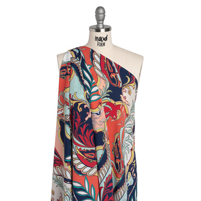 Lightweight Polyester Crepe Print - Peach, Red and Navy Ornate Floral - Designer Deadstock