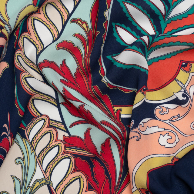 Lightweight Polyester Crepe Print - Peach, Red and Navy Ornate Floral - Designer Deadstock