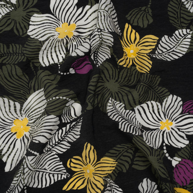Crinkled Viscose and Nylon Woven - Olive, Yellow and Purple Floral - Designer Deadstock