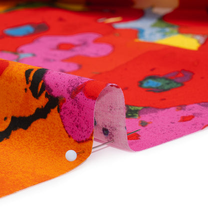 Stretch Cotton Poplin Print - Red, Orange and Blue Abstracted Floral - Designer Deadstock