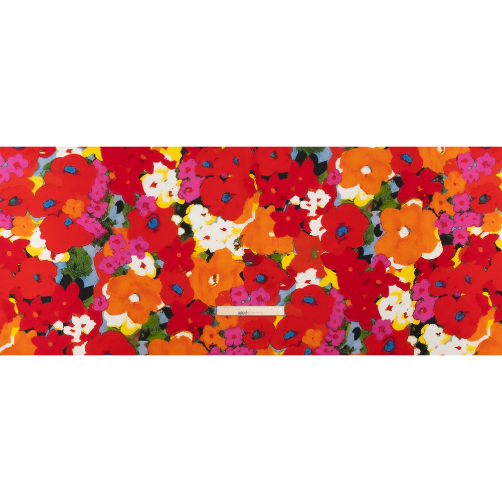 Stretch Cotton Poplin Print - Red, Orange and Blue Abstracted Floral - Designer Deadstock - Full