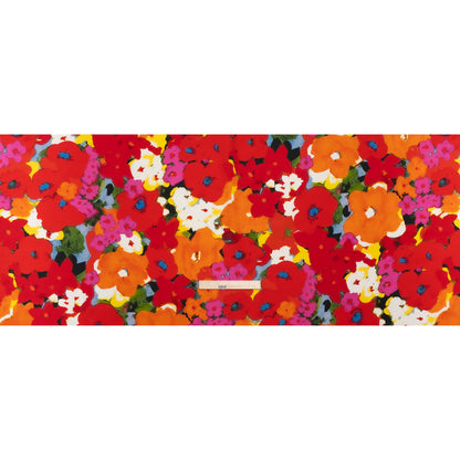 Stretch Cotton Poplin Print - Red, Orange and Blue Abstracted Floral - Designer Deadstock