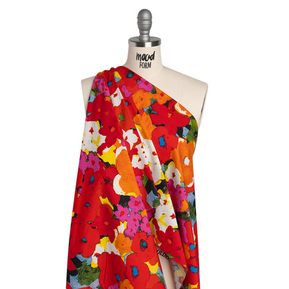 Stretch Cotton Poplin Print - Red, Orange and Blue Abstracted Floral - Designer Deadstock