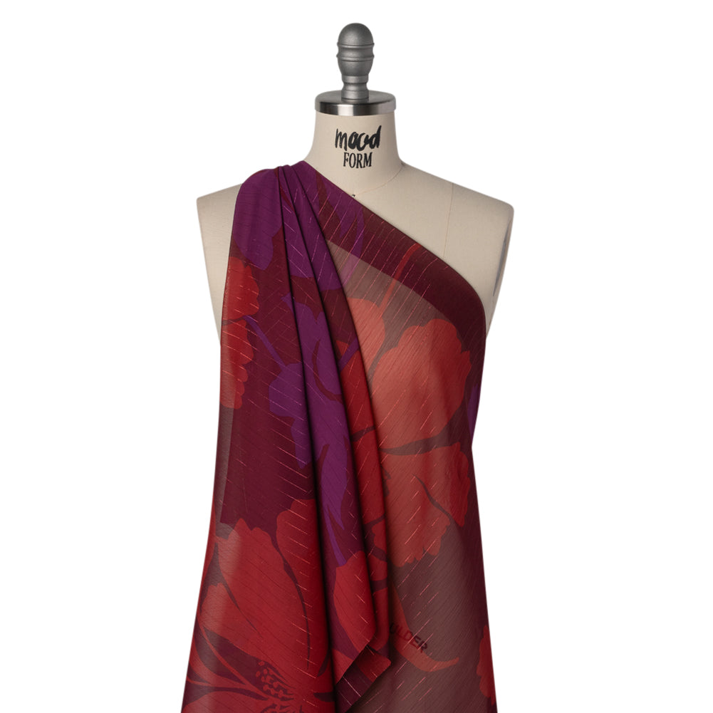 Crinkled Polyester Chiffon Print with Metallic Pinstripes - Burgundy, Brick Red and Plum Floral - Designer Deadstock - Drape