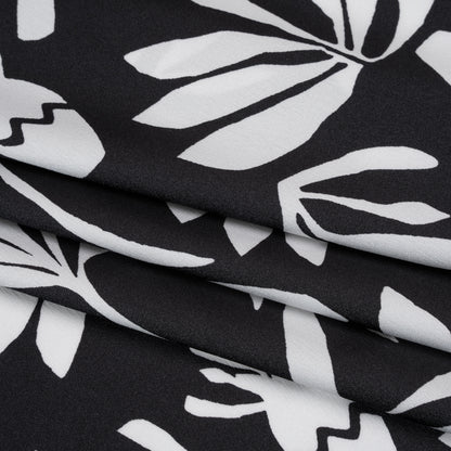 Polyester Satin Print - Black and White Carved Florals - Designer Deadstock