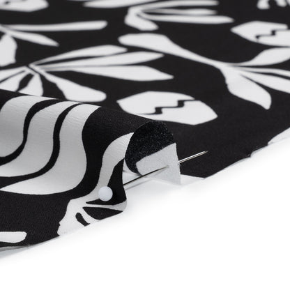 Polyester Satin Print - Black and White Carved Florals - Designer Deadstock