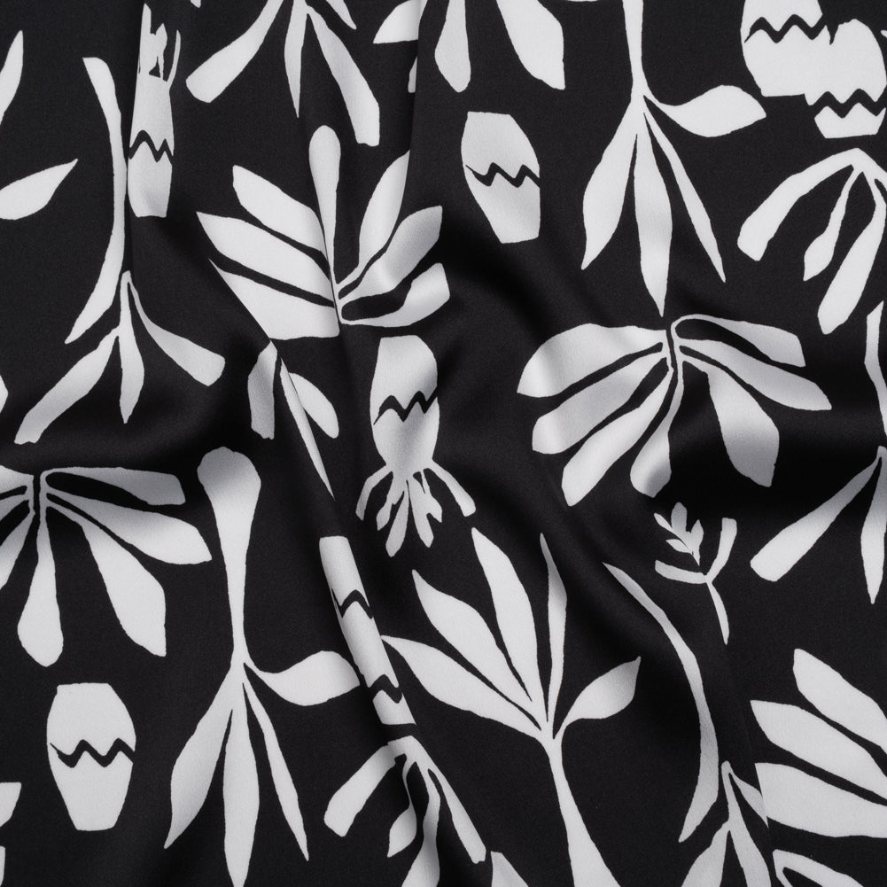 Polyester Satin Print - Black and White Carved Florals - Designer Deadstock