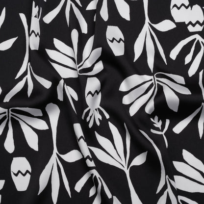 Polyester Satin Print - Black and White Carved Florals - Designer Deadstock