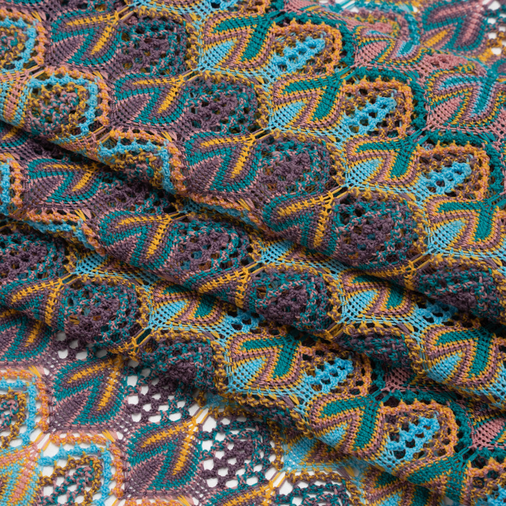 Polyester Knit Lace - Purple, Teal and Pink Feather Stripes - Designer Deadstock