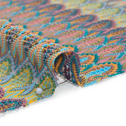 Polyester Knit Lace - Purple, Teal and Pink Feather Stripes - Designer Deadstock