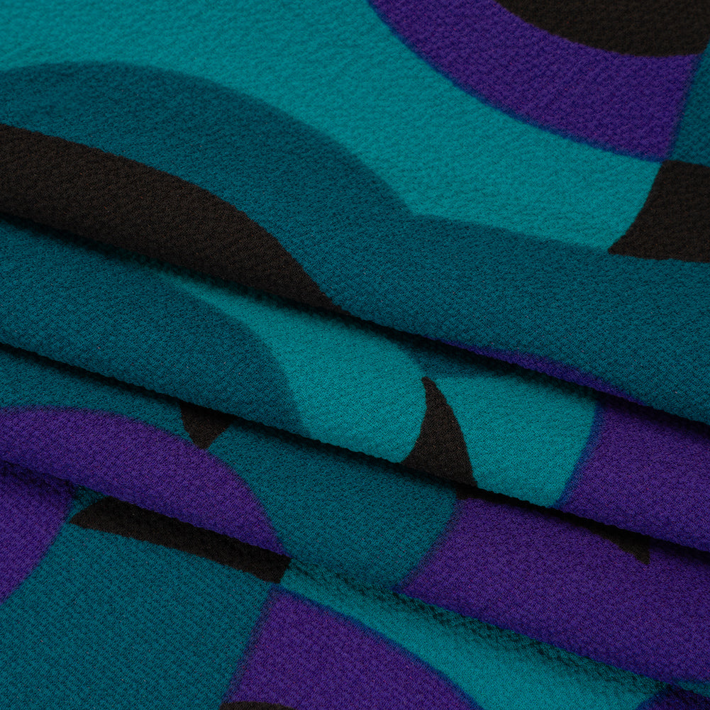 Stretch Polyester Crepe Print - Teal, Purple and Black Abstract - Designer Deadstock