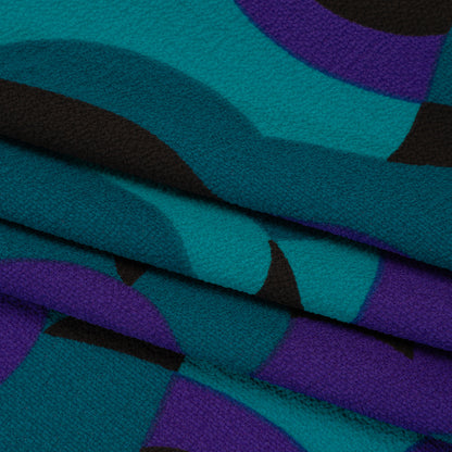 Stretch Polyester Crepe Print - Teal, Purple and Black Abstract - Designer Deadstock