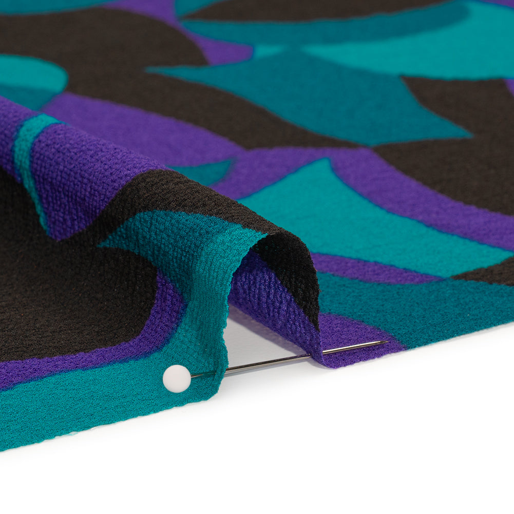 Stretch Polyester Crepe Print - Teal, Purple and Black Abstract - Designer Deadstock