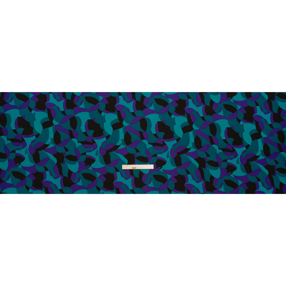 Stretch Polyester Crepe Print - Teal, Purple and Black Abstract - Designer Deadstock