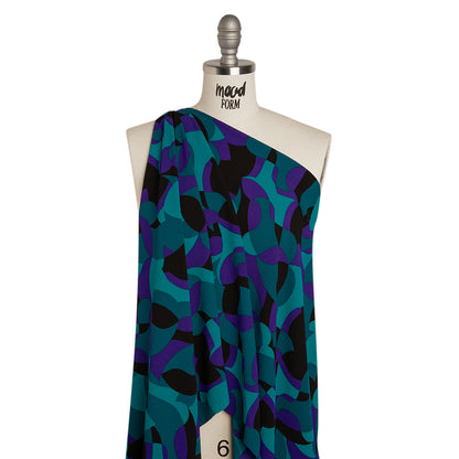 Stretch Polyester Crepe Print - Teal, Purple and Black Abstract - Designer Deadstock
