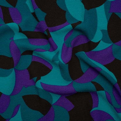 Stretch Polyester Crepe Print - Teal, Purple and Black Abstract - Designer Deadstock