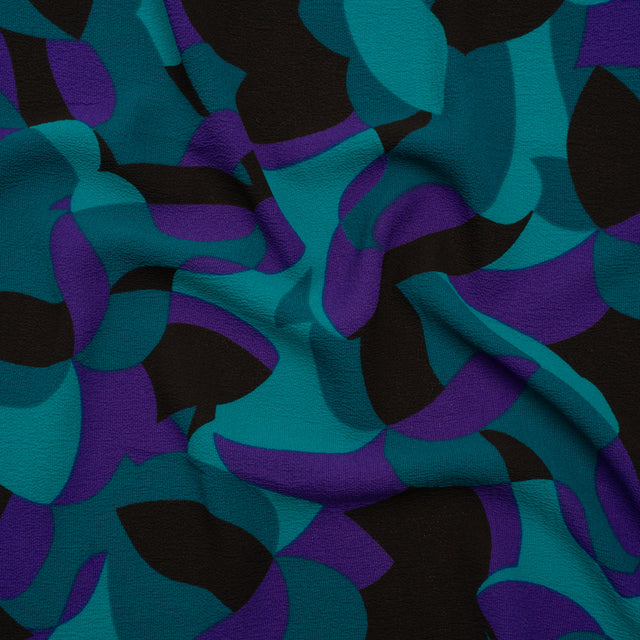 Stretch Polyester Crepe Print - Teal, Purple and Black Abstract - Designer Deadstock