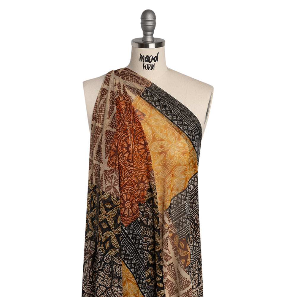 Polyester Stretch Mesh Print - Black, Orange and Burgundy Dotted Geometric - Designer Deadstock Folded