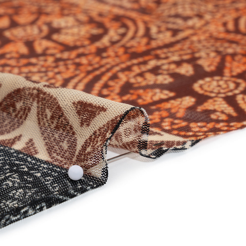 Polyester Stretch Mesh Print - Black, Orange and Burgundy Dotted Geometric - Designer Deadstock Full