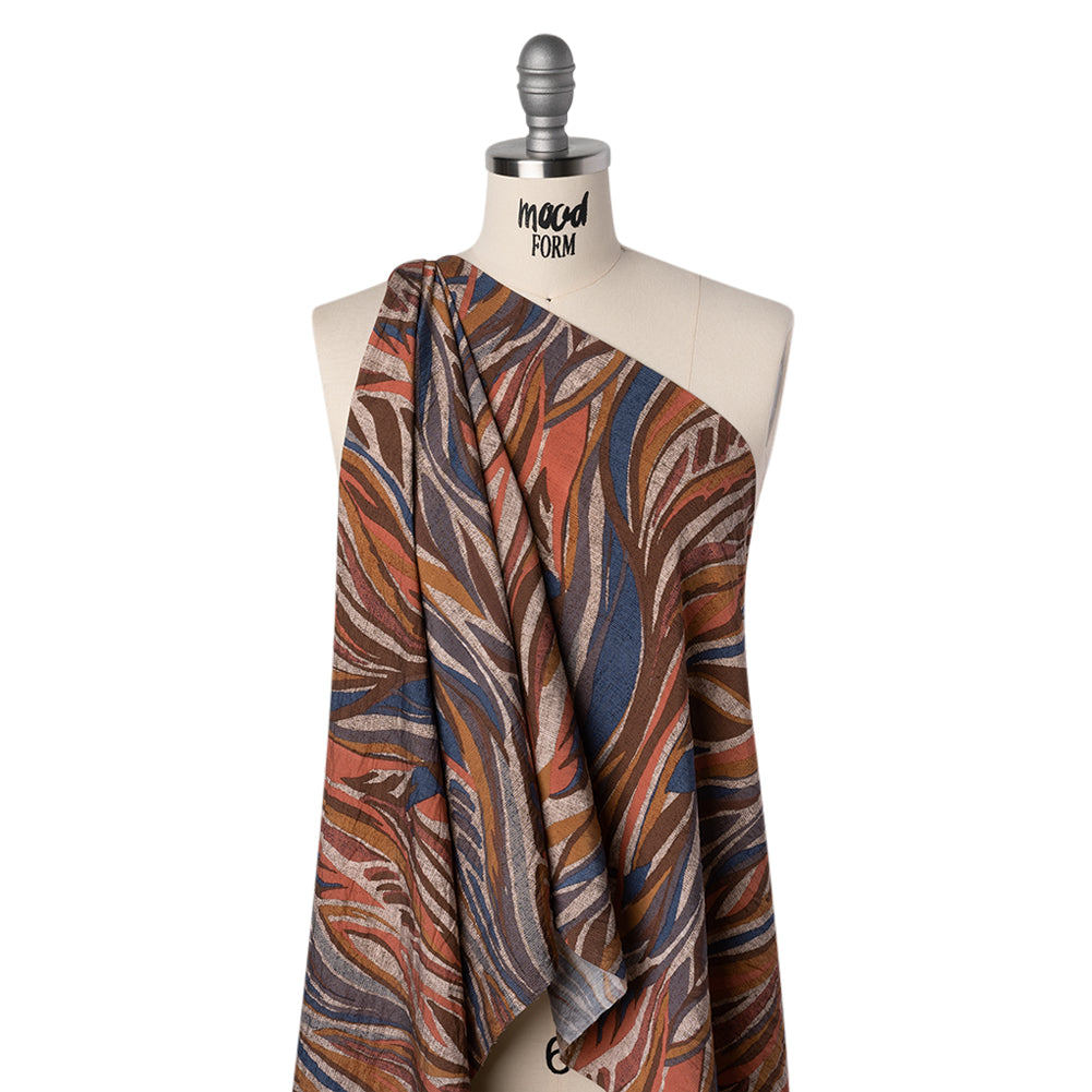 Lightweight Crinkled Rayon and Nylon Woven Print -Terracotta, Brown and Muted Blue Leafy Lines and Texture - Designer Deadstock - Folded