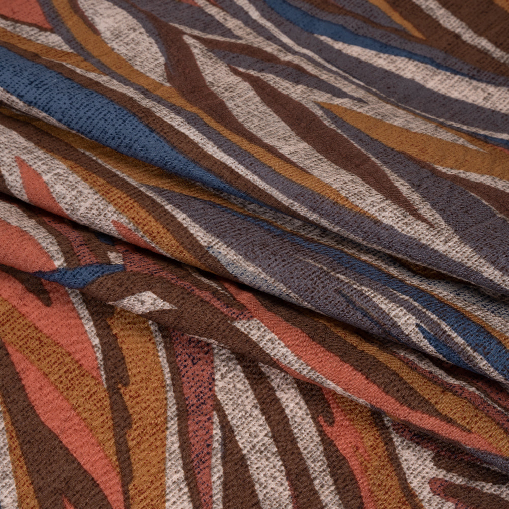 Lightweight Crinkled Rayon and Nylon Woven Print -Terracotta, Brown and Muted Blue Leafy Lines and Texture - Designer Deadstock - Detail